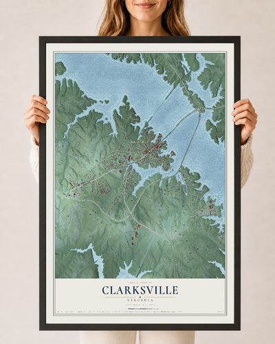 Map of Clarksville, Virginia, 24 x 36 inch print in a black wood frame
