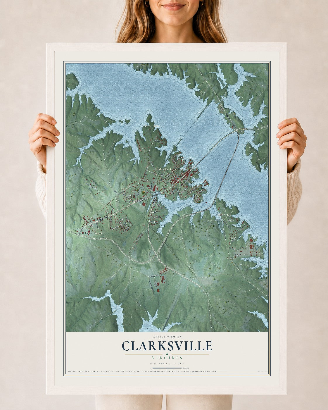 Map of Clarksville, Virginia, 24 x 36 inch print in a white wood frame