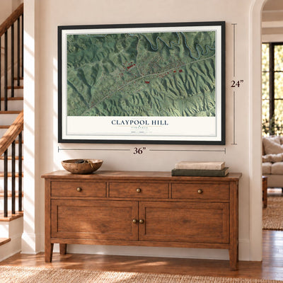 Claypool Hill, Virginia map, 24 x 36 inch print in a black frame above a dresser by a staircase