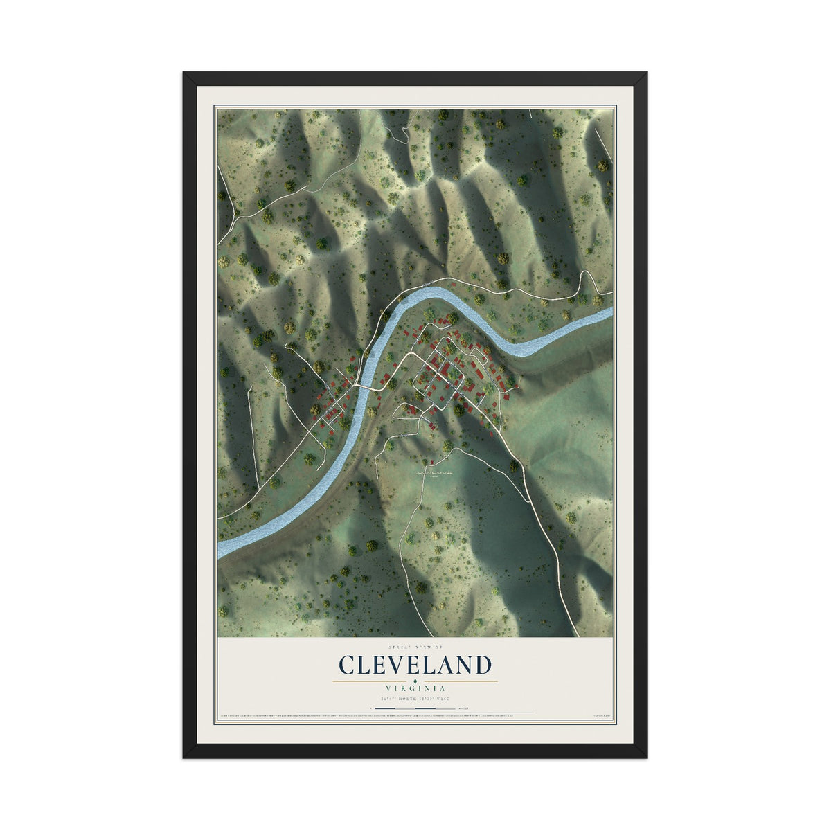 Map of Cleveland, Virginia, 12 x 18 inch print in a black wood frame