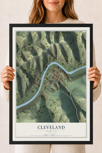 Map of Cleveland, Virginia, 18 x 24 inch print in a black wood frame