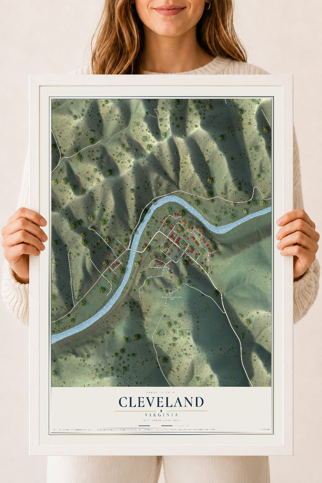 Map of Cleveland, Virginia, 18 x 24 inch print in a white wood frame