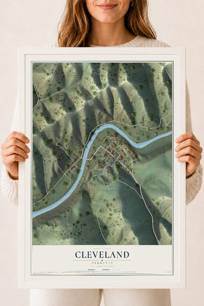 Map of Cleveland, Virginia, 18 x 24 inch print in a white wood frame