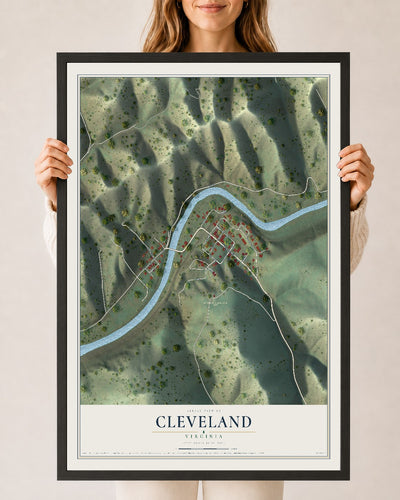 Map of Cleveland, Virginia, 24 x 36 inch print in a black wood frame