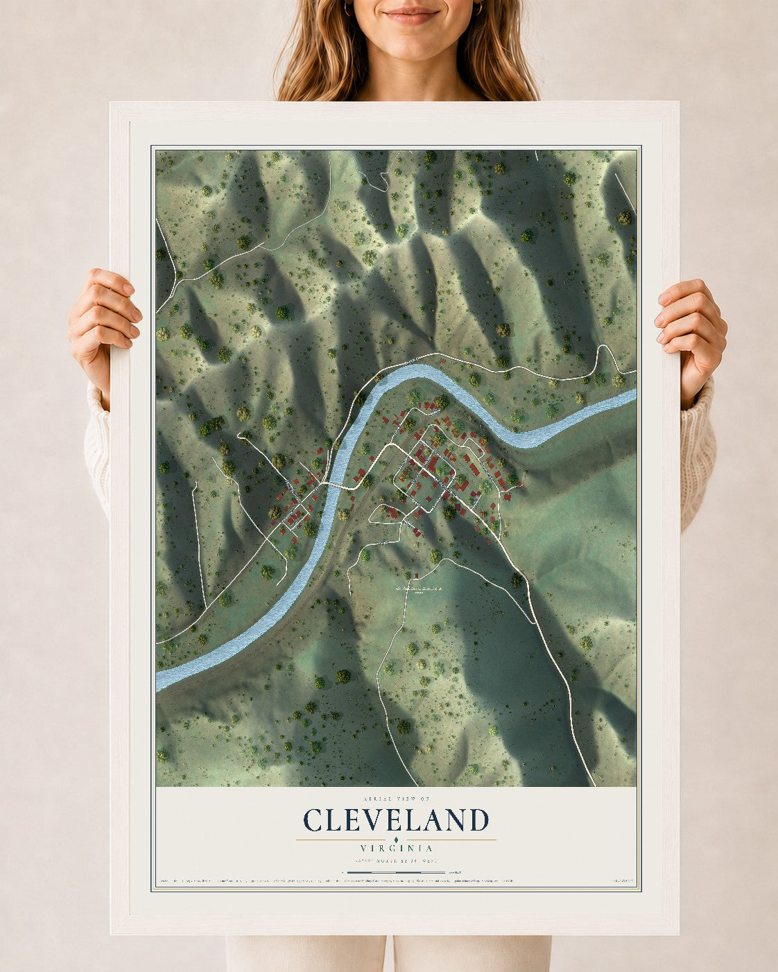 Map of Cleveland, Virginia, 24 x 36 inch print in a white wood frame