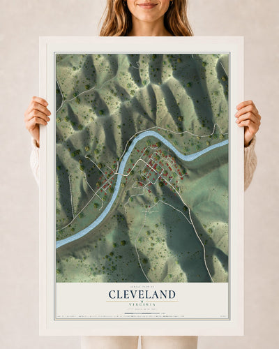 Map of Cleveland, Virginia, 24 x 36 inch print in a white wood frame