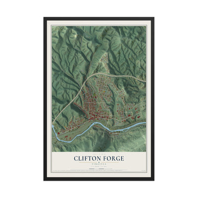 Map of Clifton Forge, Virginia, 12 x 18 inch print in a black wood frame