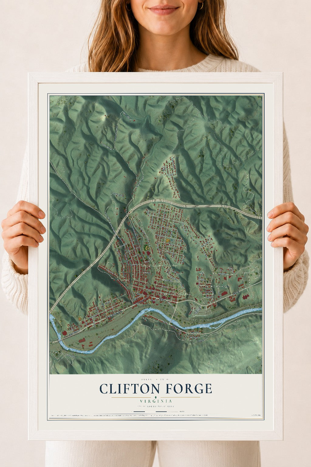 Map of Clifton Forge, Virginia, 18 x 24 inch print in a white wood frame