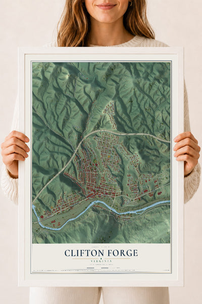 Map of Clifton Forge, Virginia, 18 x 24 inch print in a white wood frame