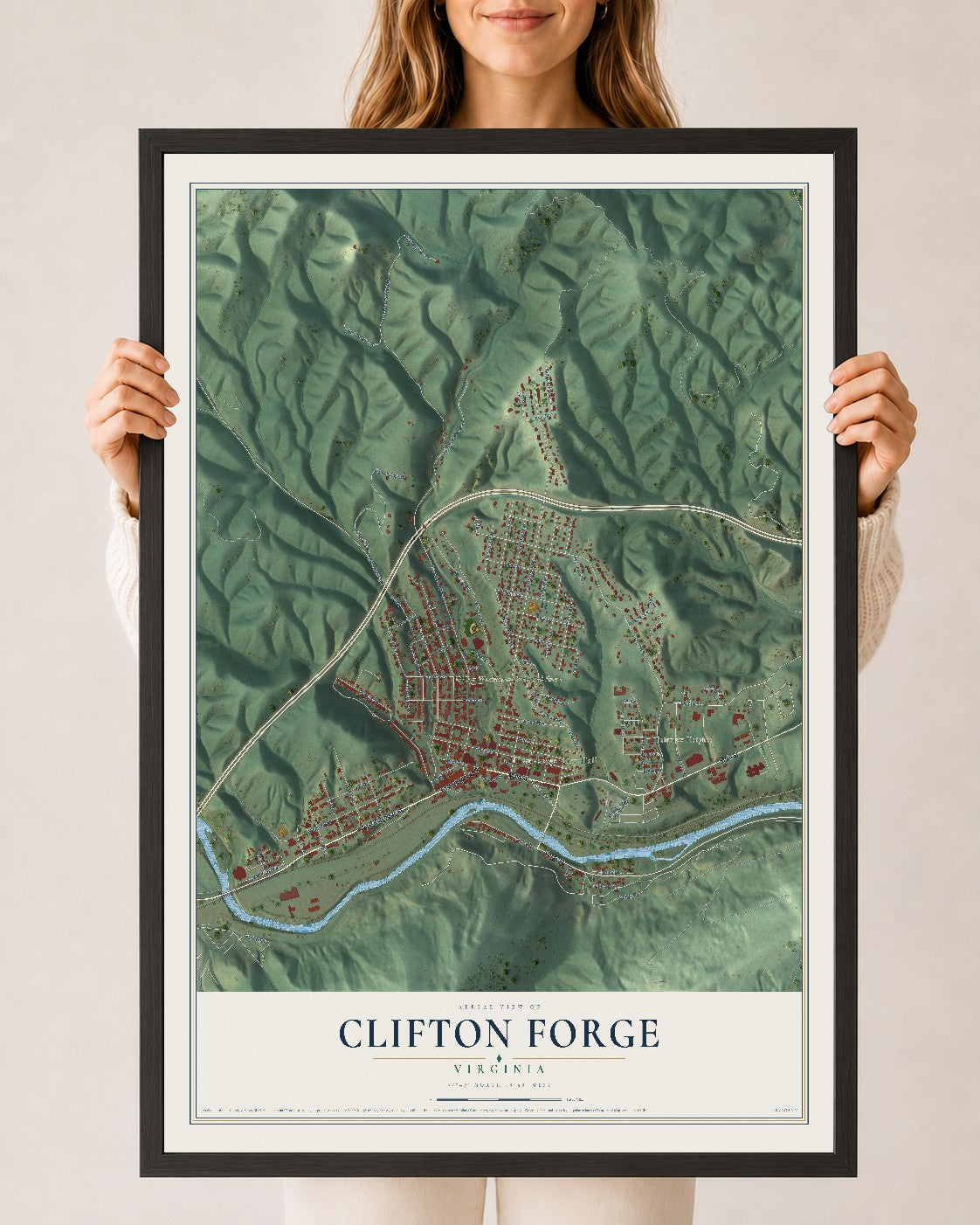 Map of Clifton Forge, Virginia, 24 x 36 inch print in a black wood frame