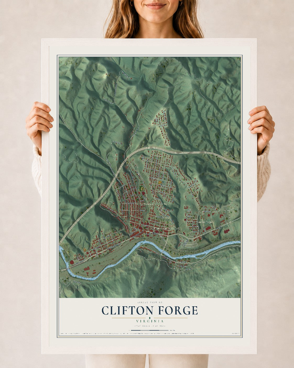 Map of Clifton Forge, Virginia, 24 x 36 inch print in a white wood frame