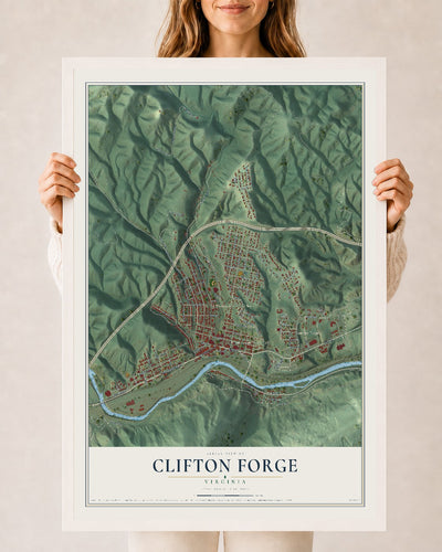 Map of Clifton Forge, Virginia, 24 x 36 inch print in a white wood frame