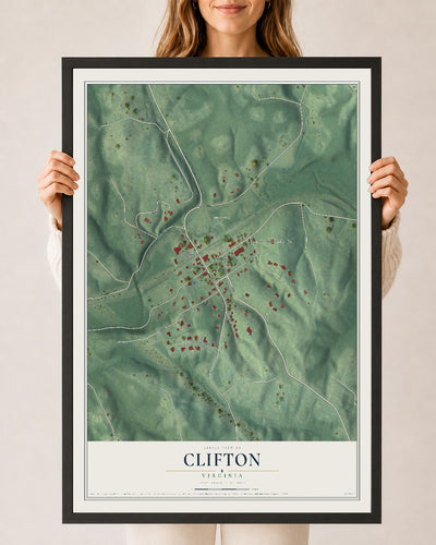 Map of Clifton, Virginia, 24 x 36 inch print in a black wood frame