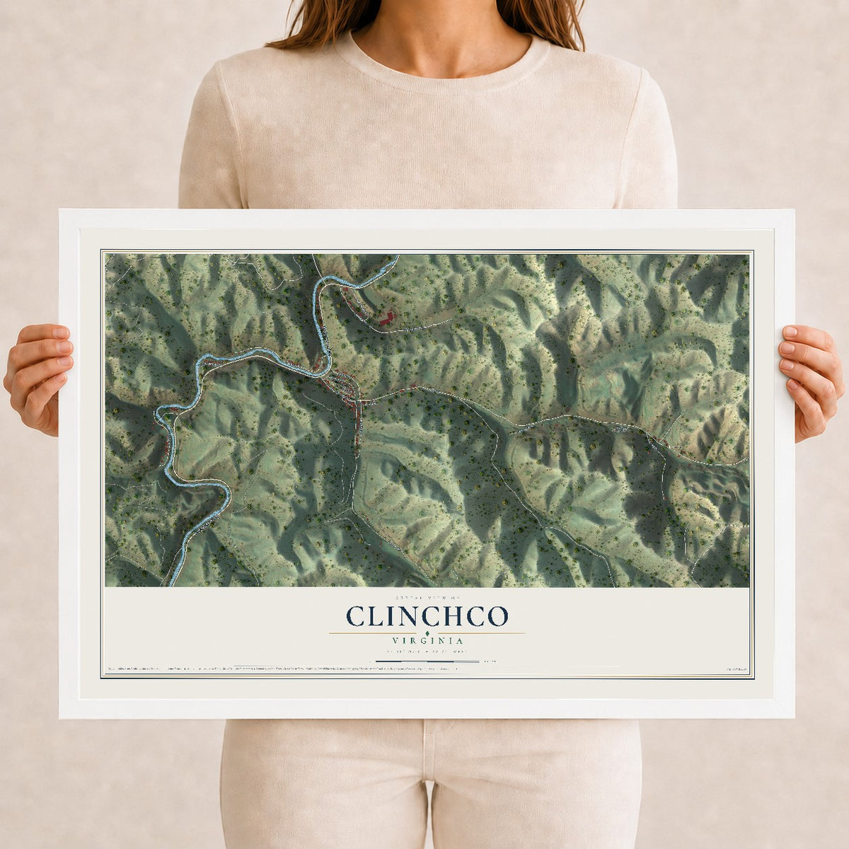 Map of Clinchco, Virginia, 12 x 18 inch print in a white wood frame