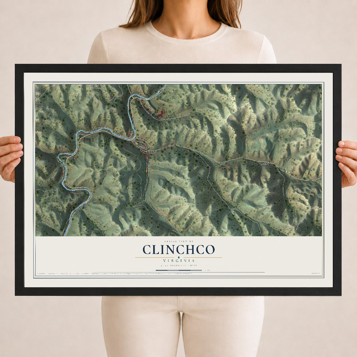 Map of Clinchco, Virginia, 18 x 24 inch print in a black wood frame