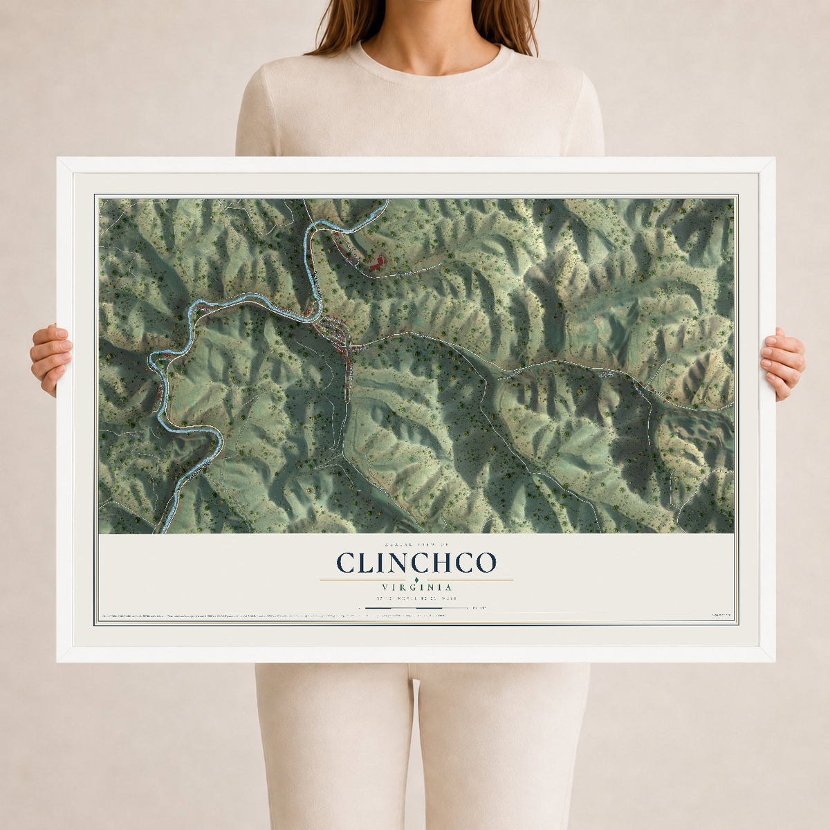 Map of Clinchco, Virginia, 24 x 36 inch print in a white wood frame