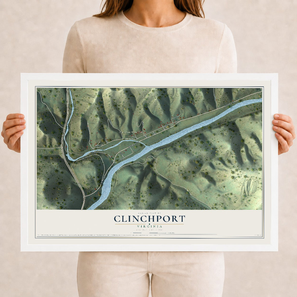 Map of Clinchport, Virginia, 12 x 18 inch print in a white wood frame