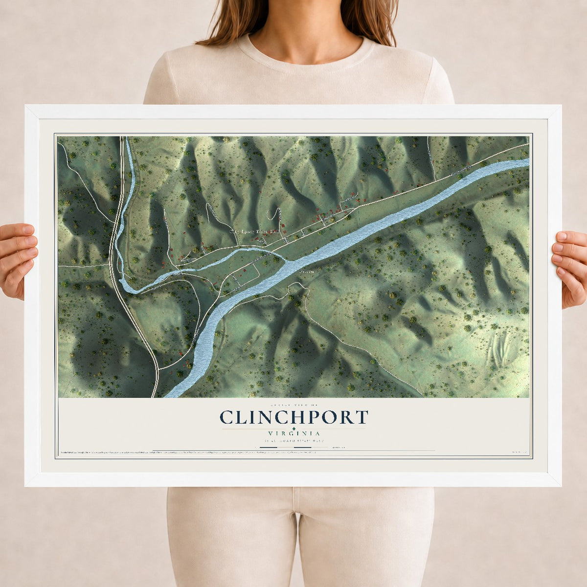 Map of Clinchport, Virginia, 18 x 24 inch print in a white wood frame