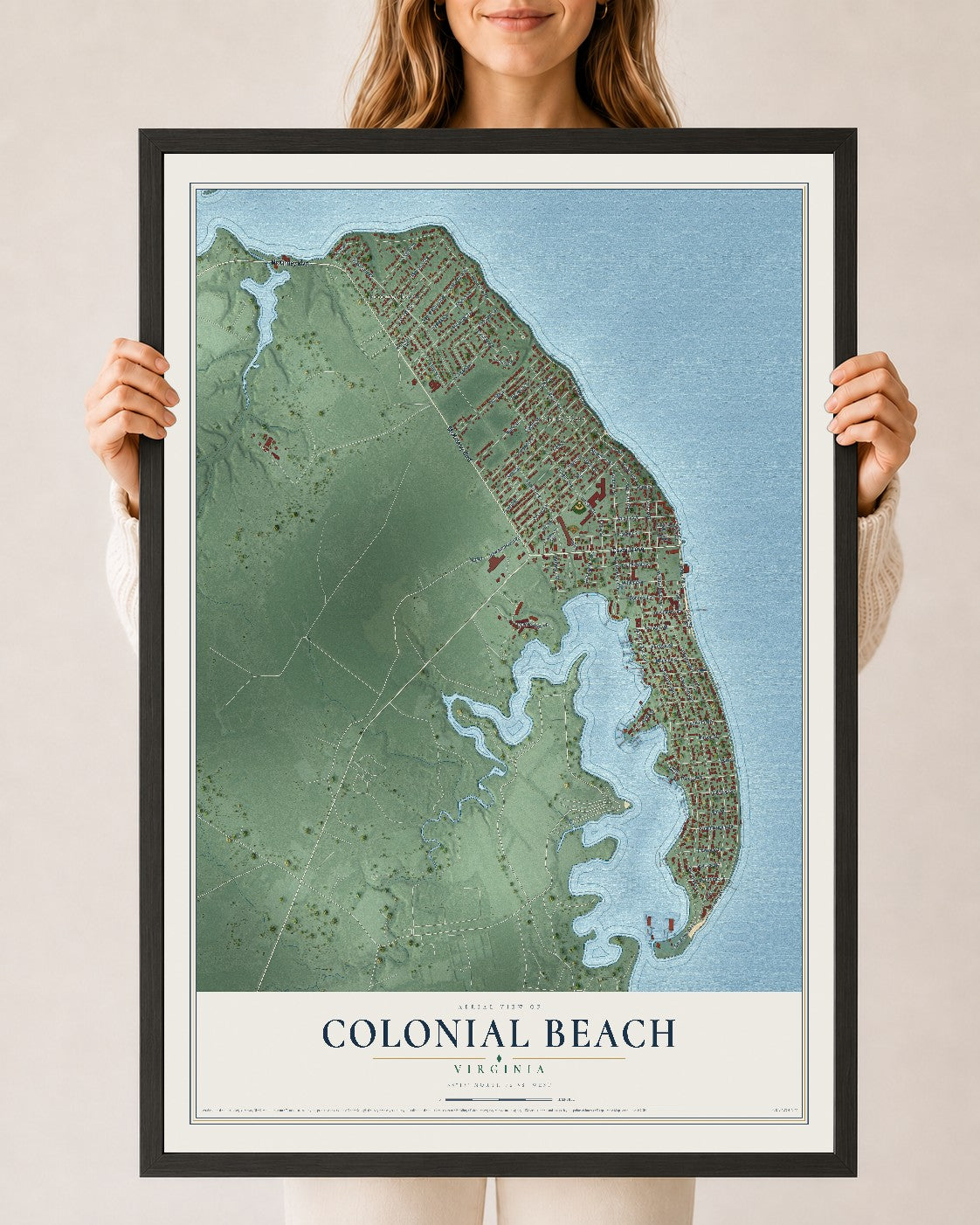 Map of Colonial Beach, Virginia, 24 x 36 inch print in a black wood frame