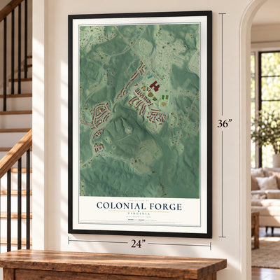 Colonial Forge, Virginia map, 24 x 36 inch print in a black frame by a staircase