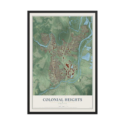 Map of Colonial Heights, Virginia, 12 x 18 inch print in a black wood frame