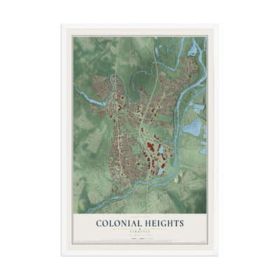 Map of Colonial Heights, Virginia, 12 x 18 inch print in a white wood frame