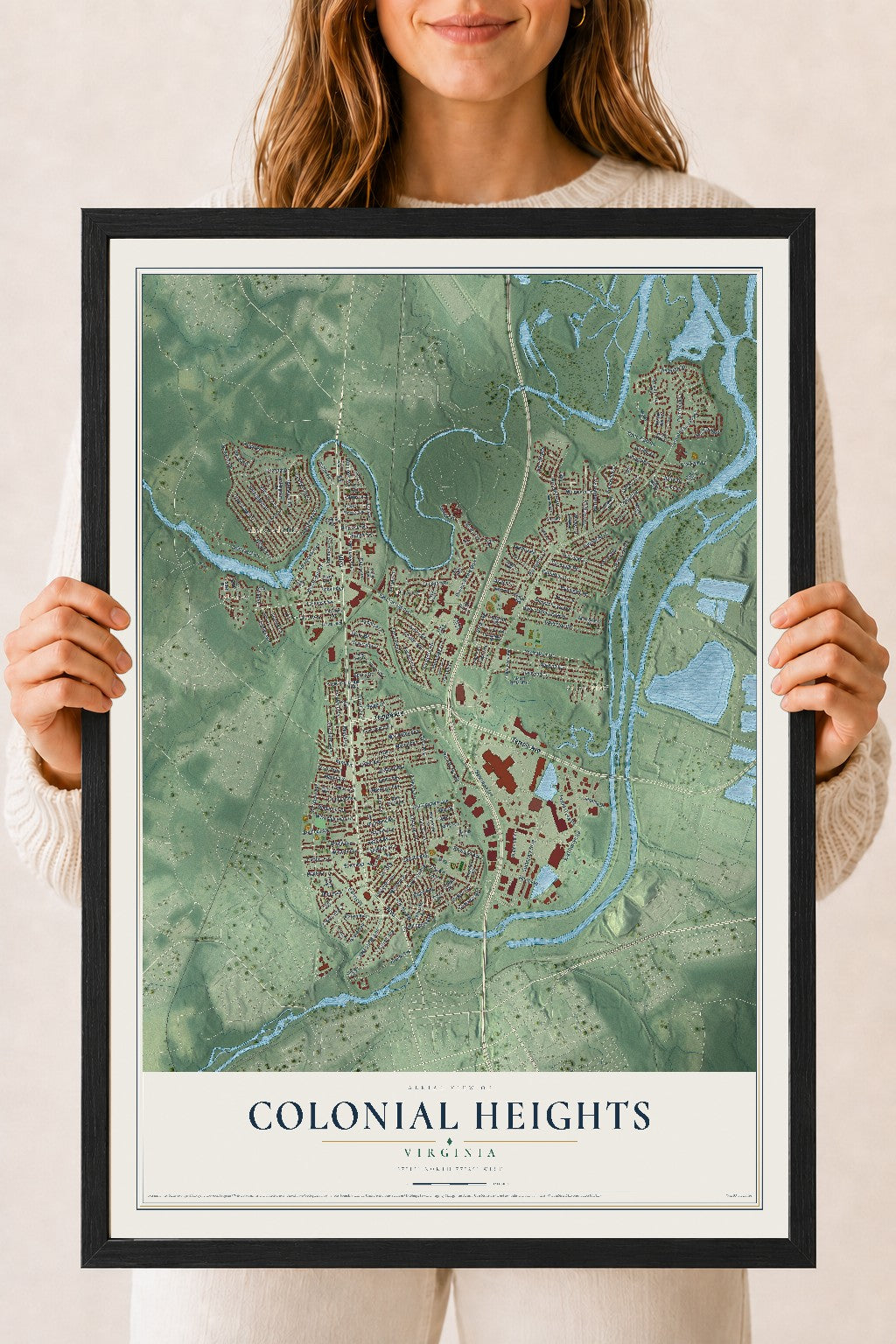 Map of Colonial Heights, Virginia, 18 x 24 inch print in a black wood frame