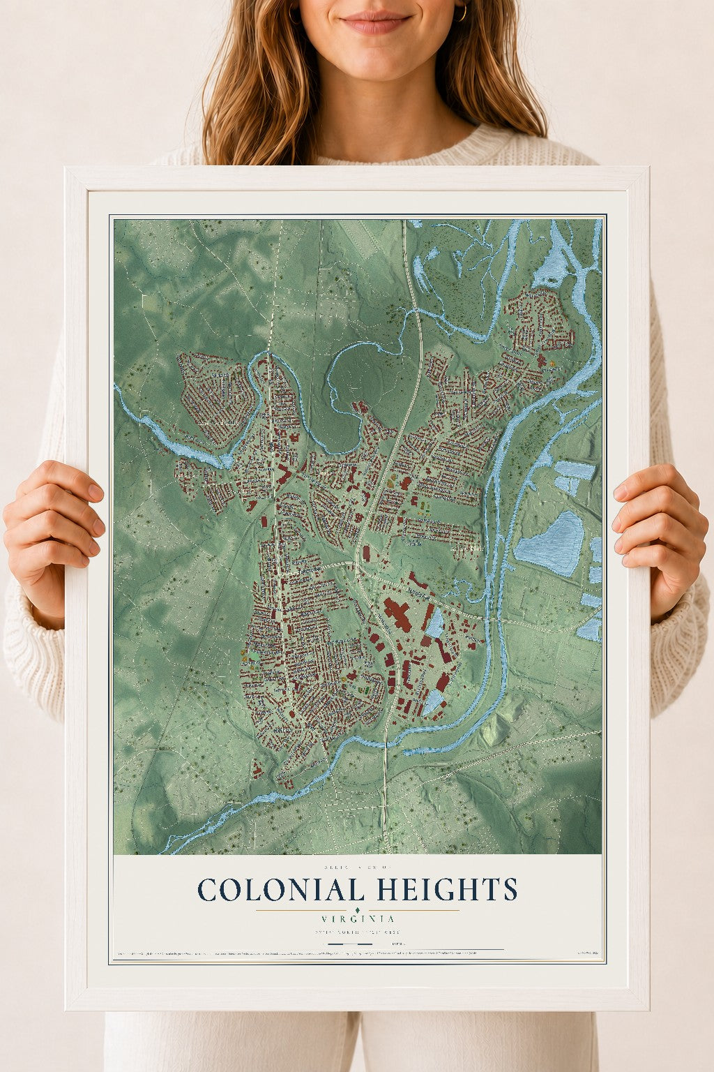 Map of Colonial Heights, Virginia, 18 x 24 inch print in a white wood frame