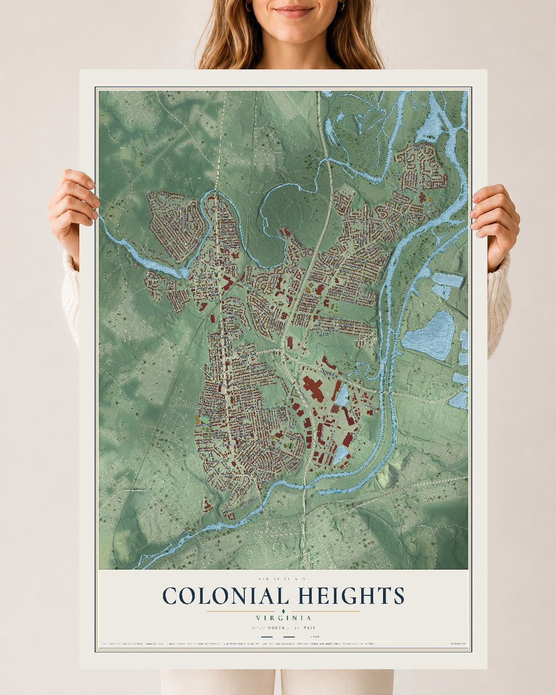 Map of Colonial Heights, Virginia, 24 x 36 inch unframed archival matte print