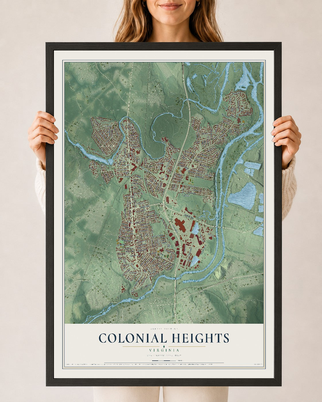 Map of Colonial Heights, Virginia, 24 x 36 inch print in a black wood frame