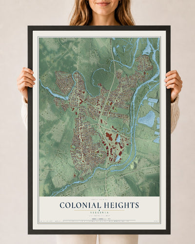 Map of Colonial Heights, Virginia, 24 x 36 inch print in a black wood frame