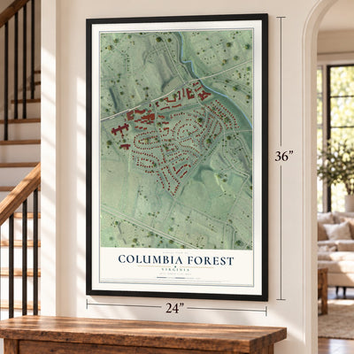 Columbia Forest, Virginia map, 24 x 36 inch print in a black frame by a staircase