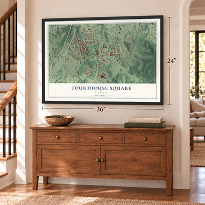 Courthouse Square, Virginia map, 24 x 36 inch print in a black frame above a dresser by a staircase