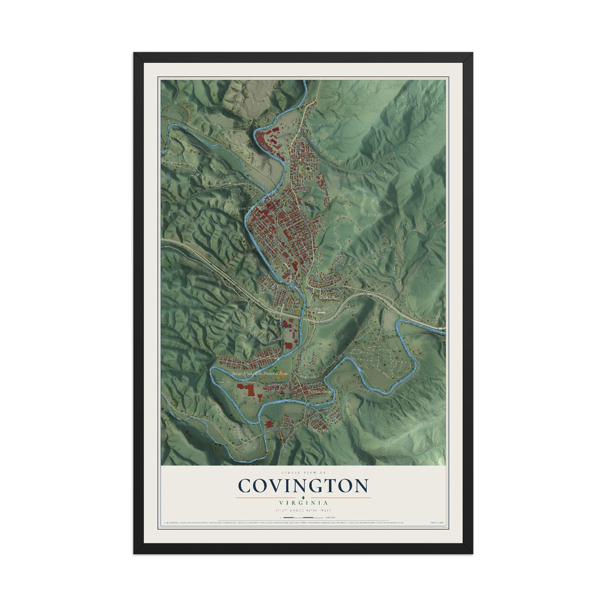 Map of Covington, Virginia, 12 x 18 inch print in a black wood frame