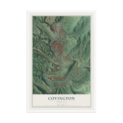 Map of Covington, Virginia, 12 x 18 inch print in a white wood frame