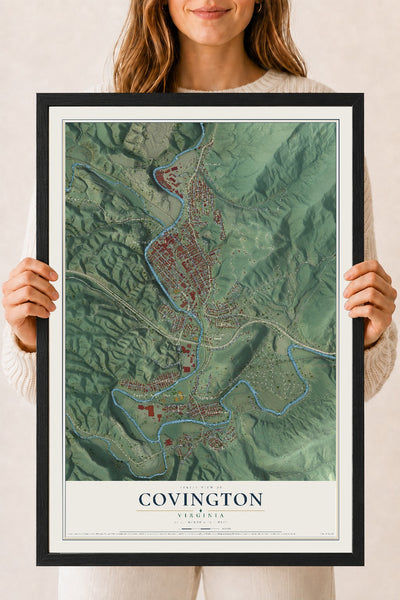 Map of Covington, Virginia, 18 x 24 inch print in a black wood frame