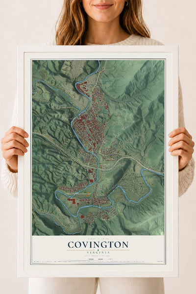 Map of Covington, Virginia, 18 x 24 inch print in a white wood frame