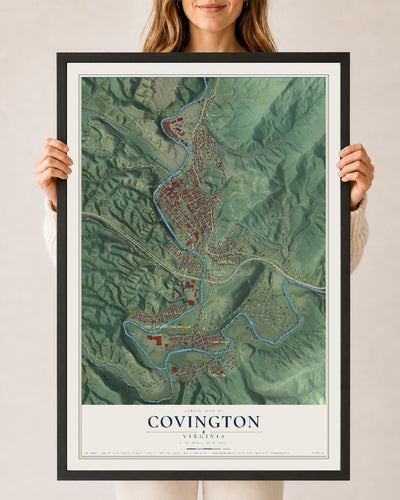 Map of Covington, Virginia, 24 x 36 inch print in a black wood frame