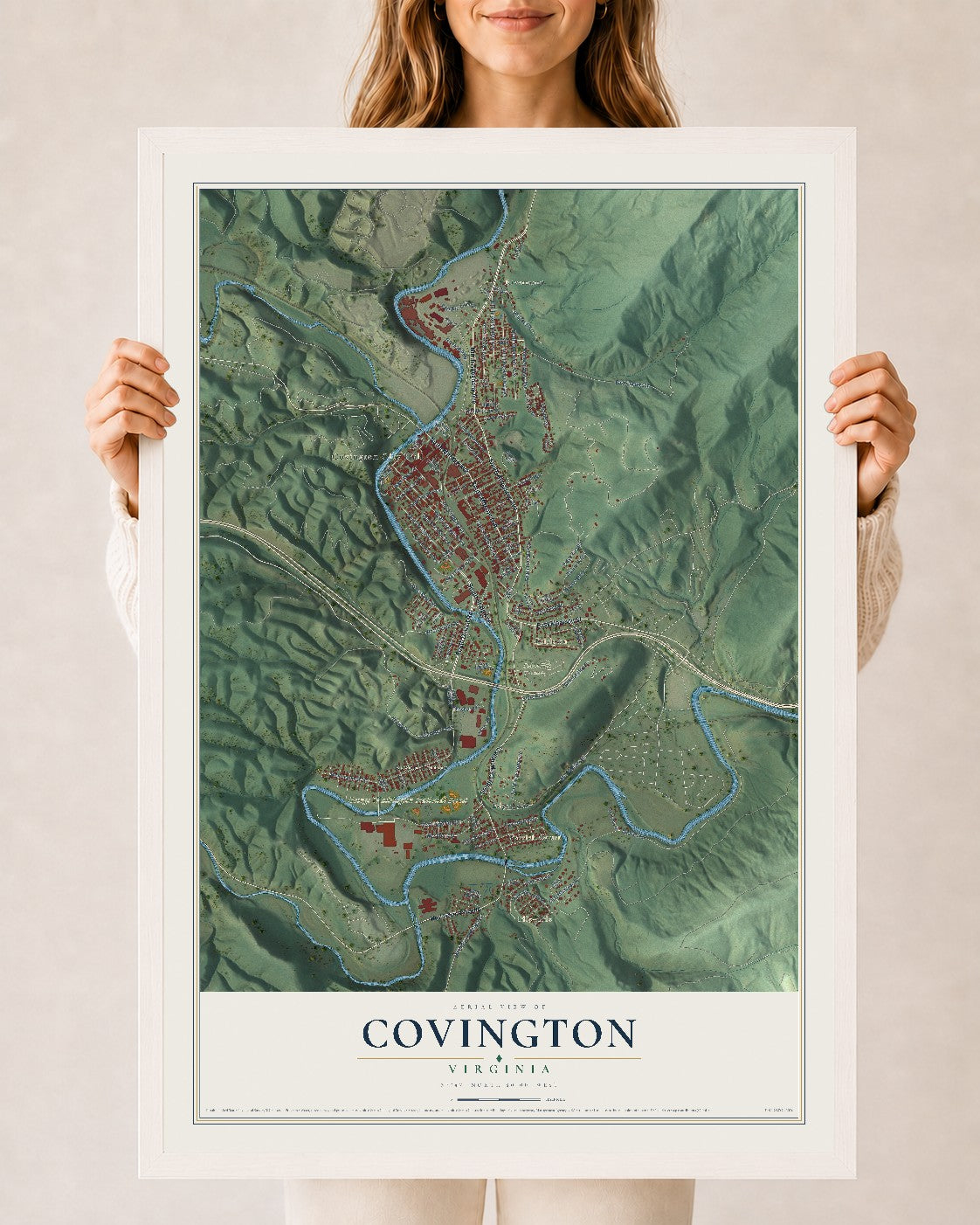 Map of Covington, Virginia, 24 x 36 inch print in a white wood frame