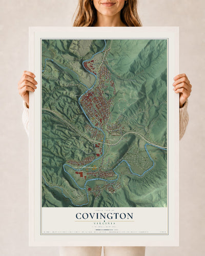 Map of Covington, Virginia, 24 x 36 inch print in a white wood frame