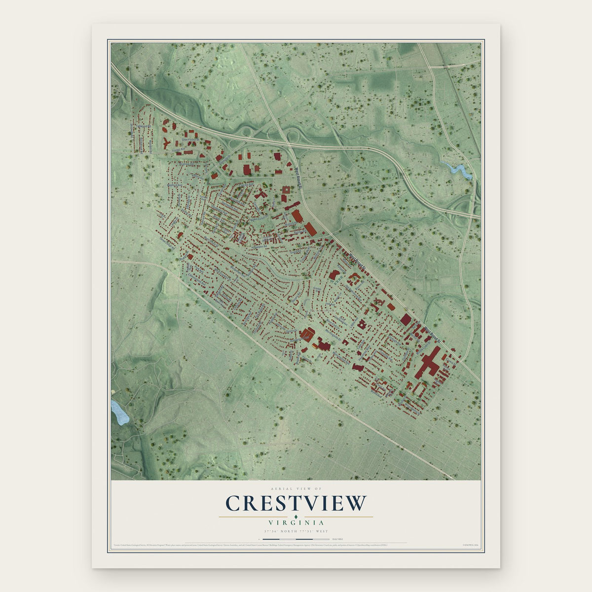 Crestview, Virginia map print, the full design