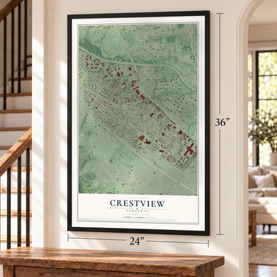 Crestview, Virginia map, 24 x 36 inch print in a black frame by a staircase