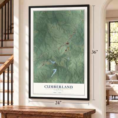 Cumberland, Virginia map, 24 x 36 inch print in a black frame by a staircase