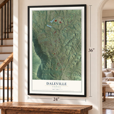 Daleville, Virginia map, 24 x 36 inch print in a black frame by a staircase