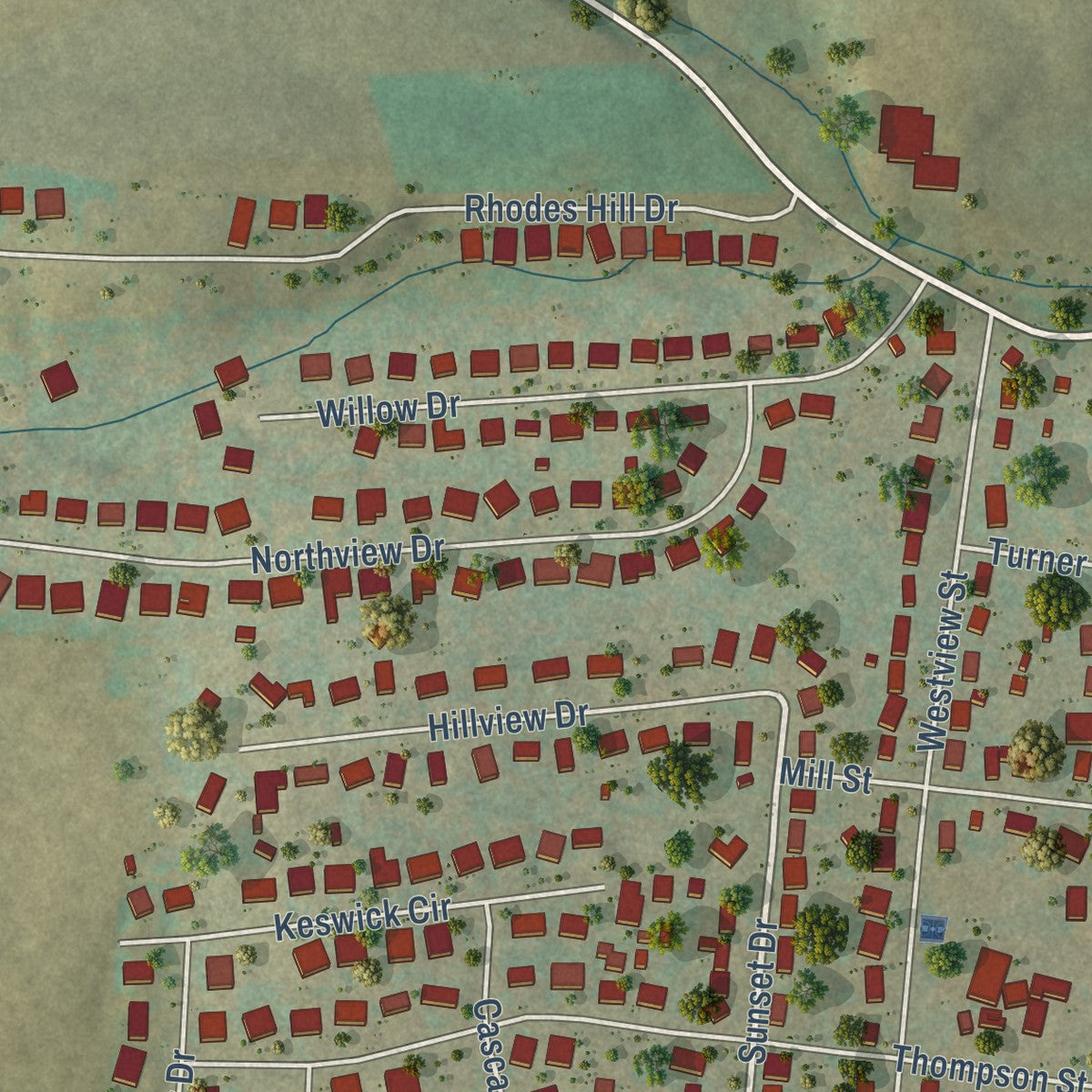 Second close-up of the map of Dayton, Virginia print showing more streets and buildings
