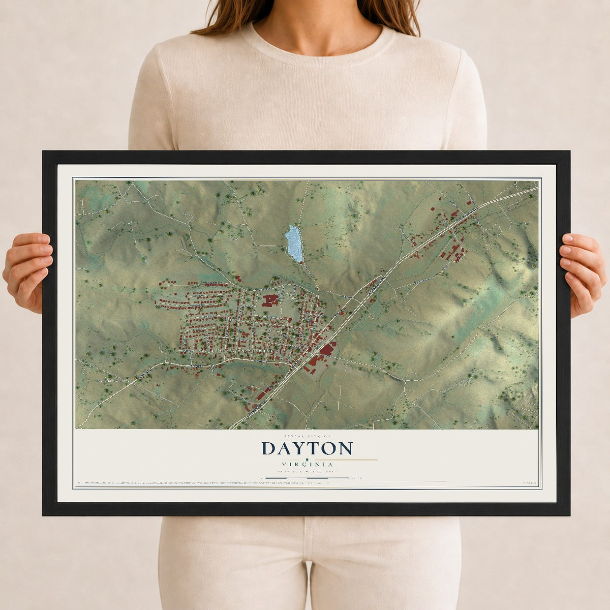 Map of Dayton, Virginia, 12 x 18 inch print in a black wood frame