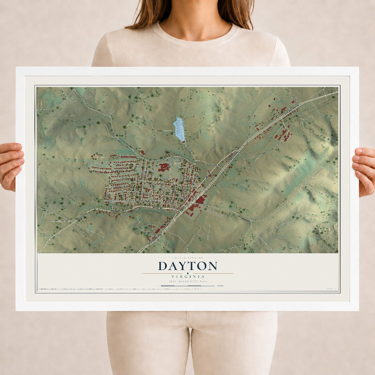 Map of Dayton, Virginia, 18 x 24 inch print in a white wood frame