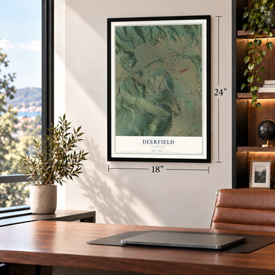 Deerfield, Virginia map, 18 x 24 inch print in a black frame in a home office