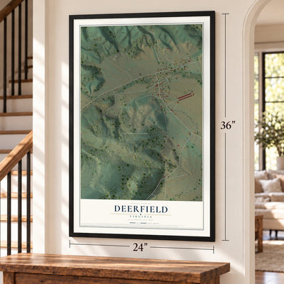 Deerfield, Virginia map, 24 x 36 inch print in a black frame by a staircase