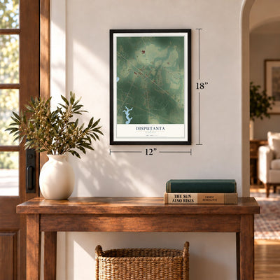 Disputanta, Virginia map, 12 x 18 inch print in a black frame in an entryway